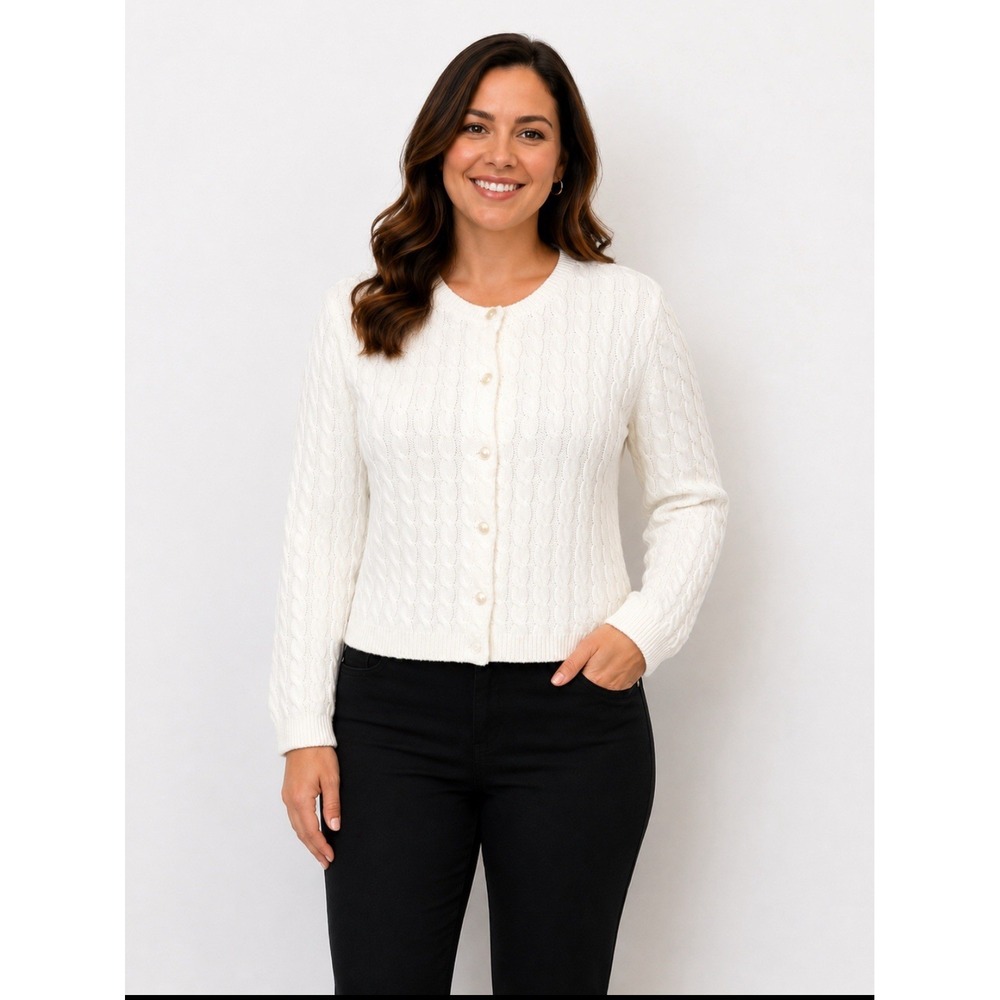 The Limited White Cable Knit Cardigan 3/4 Sleeve Size L